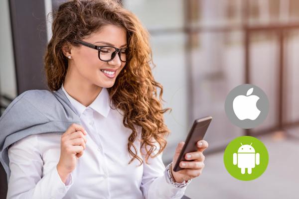 Photo of girl using mobile app for Android and Apple.