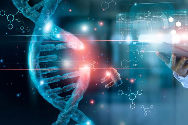 Graphic photo fo DNA strand. Hand using tablet.