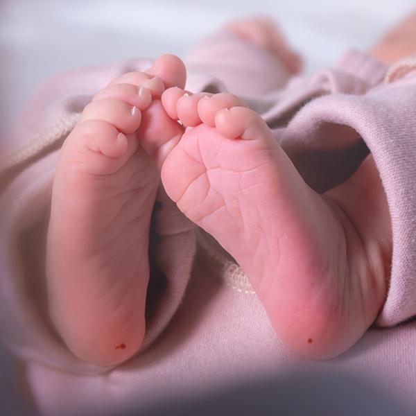 Photo of newborn babies feet with blood pricks.
